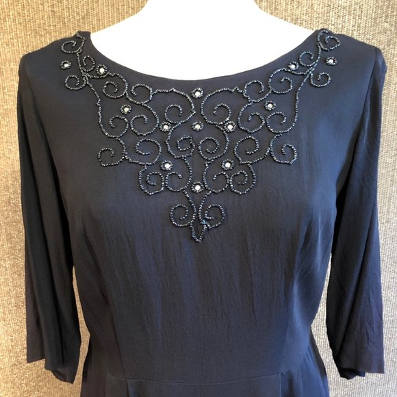 Antique Black Dress With Beaded Upper Bodice, Zippered Back and 3/4 Sleeves - Picture 2 of 16